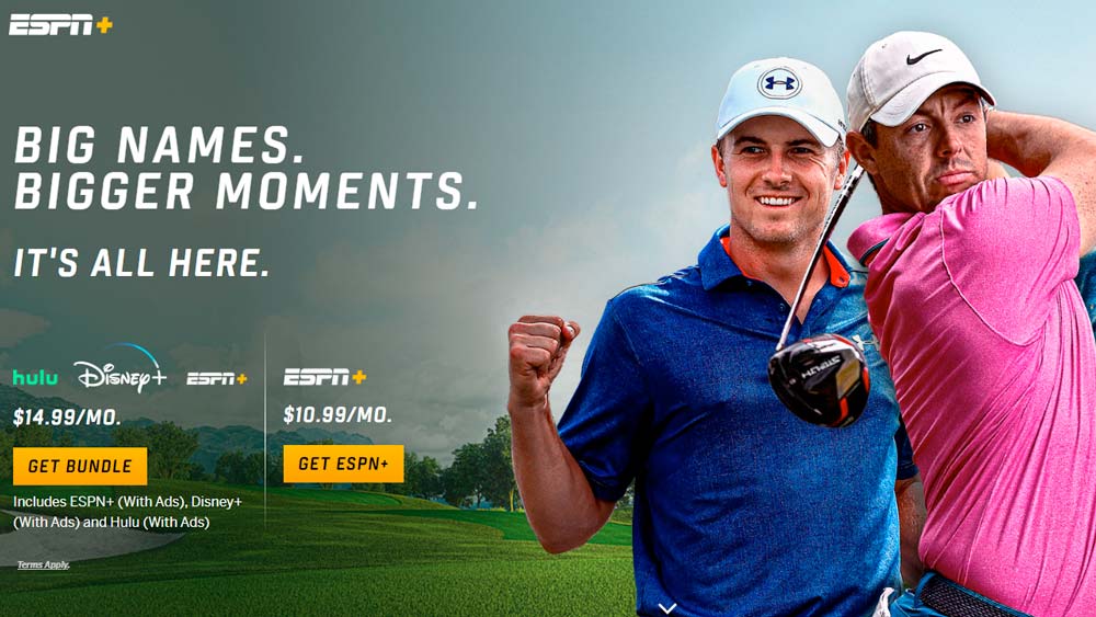 PGA Tour Live ad on ESPN+ featuring photos of Rory McIlroy and Jordan Spieth